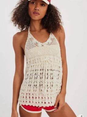 Free People Crochet Halter Swim Cover-Up in Cream